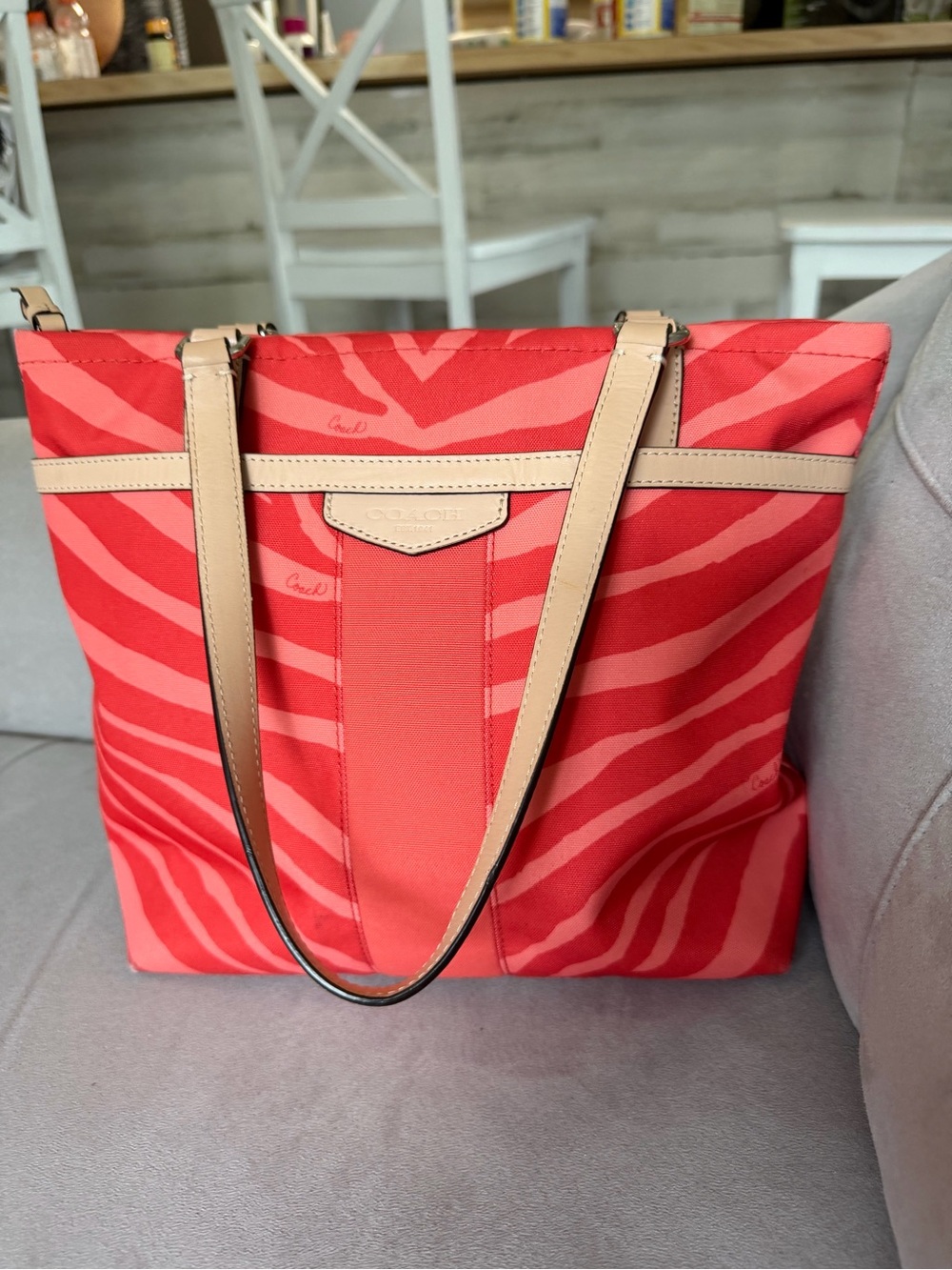 Coach Coral Zebra-Print Tote Bag with Tan Straps
